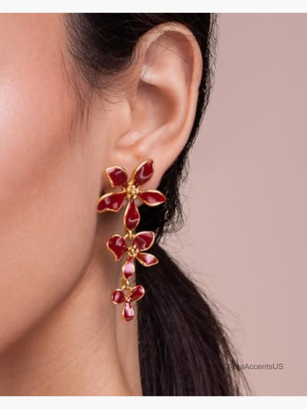 18K Gold Plated Dainty Chunky Enamel Flower Statement Drop Earrings - Picture 3 of 5
